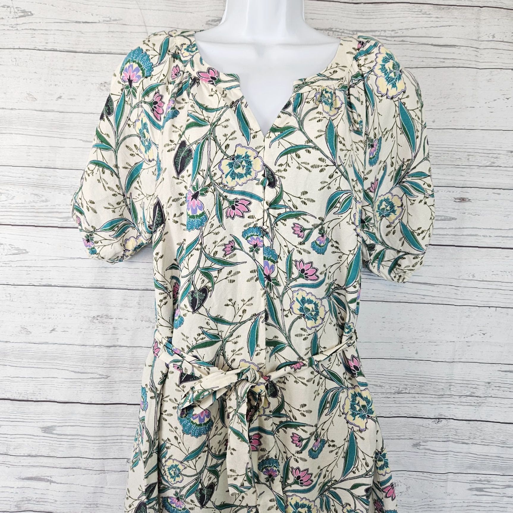 Loft LOFT Ann Taylor Womens Midi Dress S Floral Linen Viscose Belted Green Pink A-Line Short Sleeve 43" Length Womens Size S / US 4 / IT 40 - 2 Thumbnail