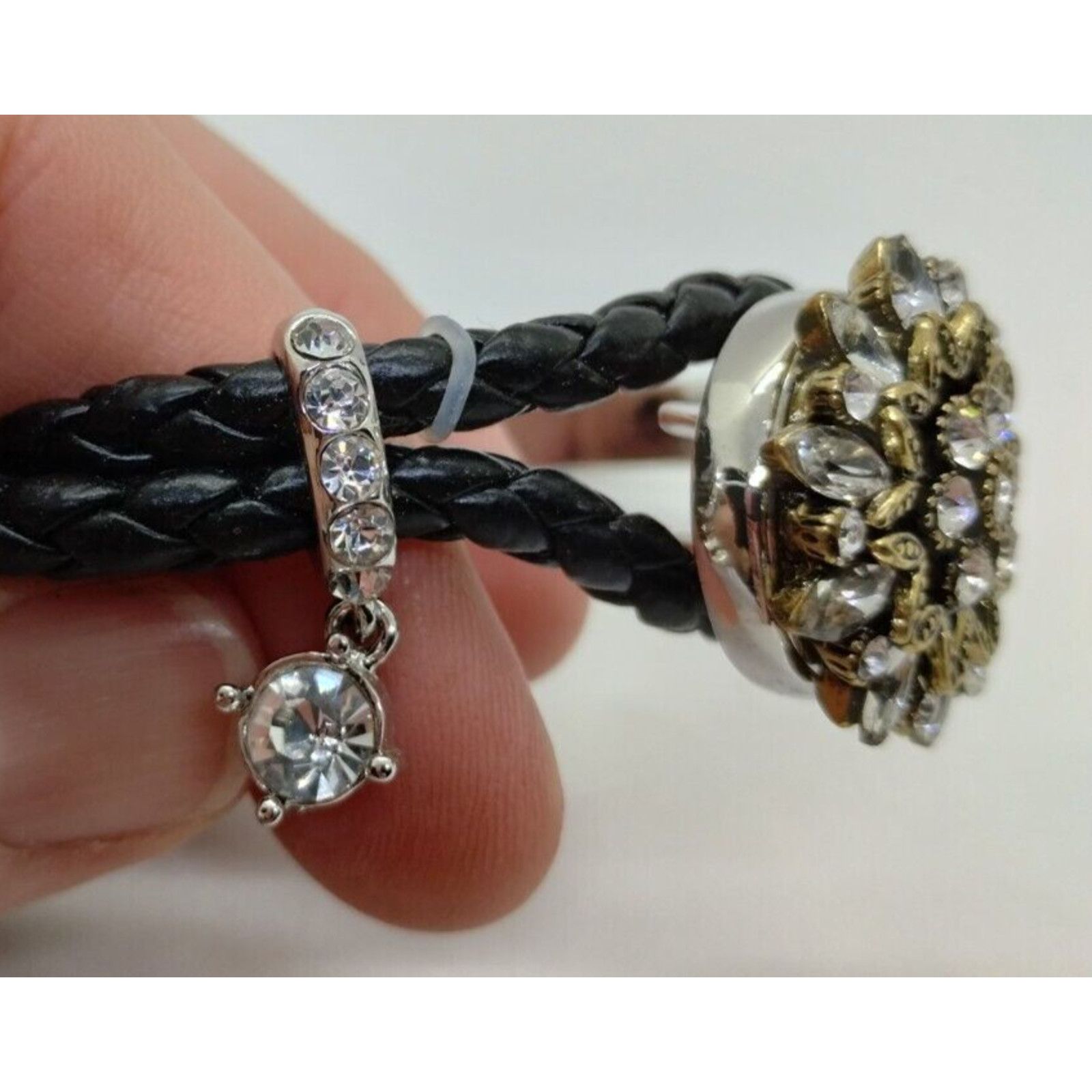 Vintage Silver Tone Glass Rhinestone Black Braided Bracelet 6.75" Size ONE SIZE - 4 Thumbnail