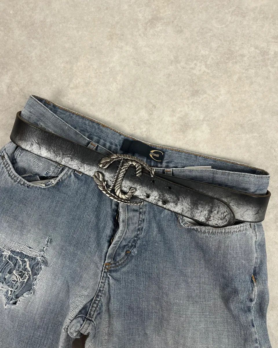 Just Cavalli 2000s Cavalli Leaves Logo Buckle Black Leather Belt Size ONE SIZE - 1 Thumbnail
