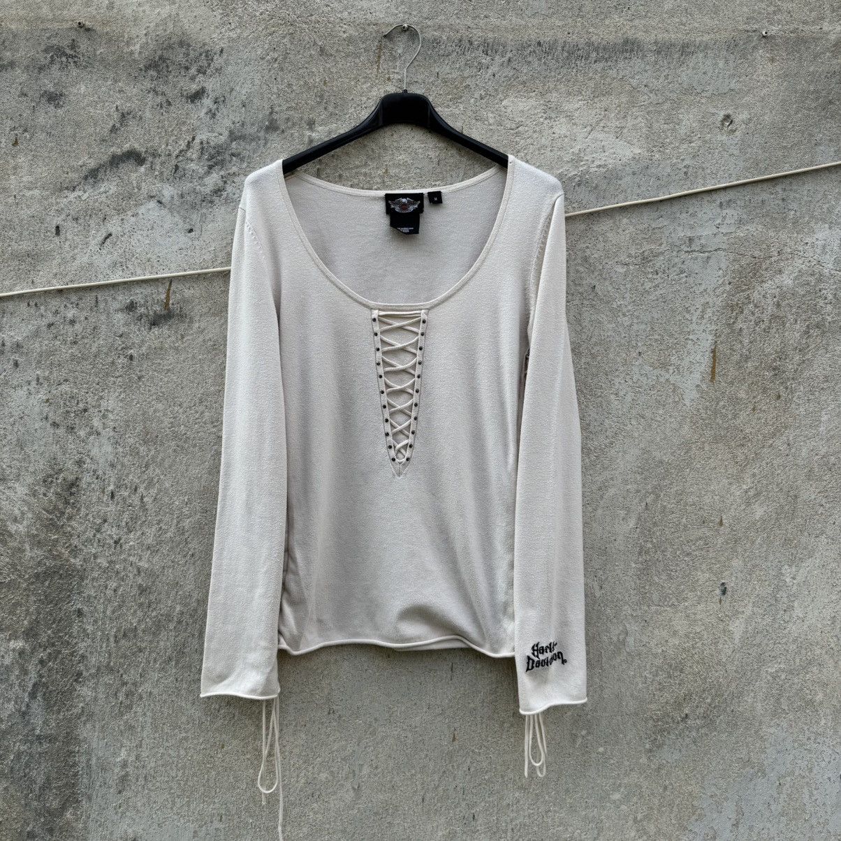 Harley Davidson Vintage Harley Davisdon Lace up Longsleeve 90s Beige Size M / US 6-8 / IT 42-44 - 5 Thumbnail