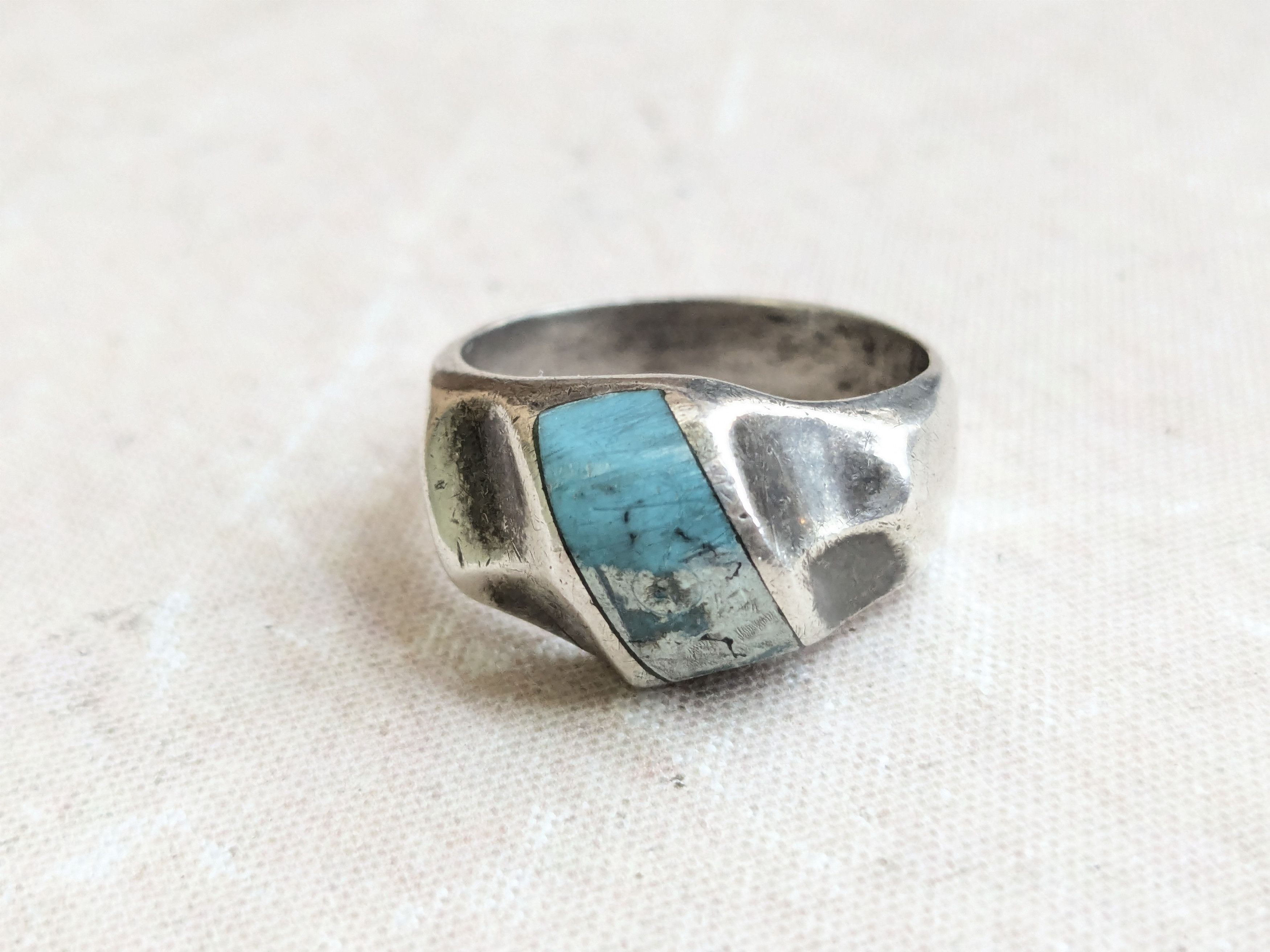 Sterling Silver Vintage Sterling Silver Ring Turquoise Taxco Inlay 12 Size ONE SIZE - 3 Thumbnail