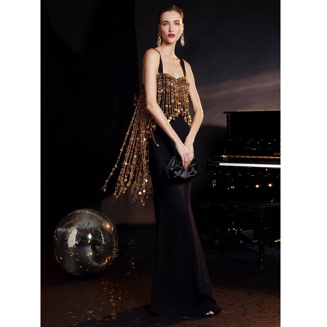 Badgley Mischka Badgley Mischka Runway Sequin Fringe Gown black gold size 4 Size S / US 4 / IT 40 - 1 Thumbnail