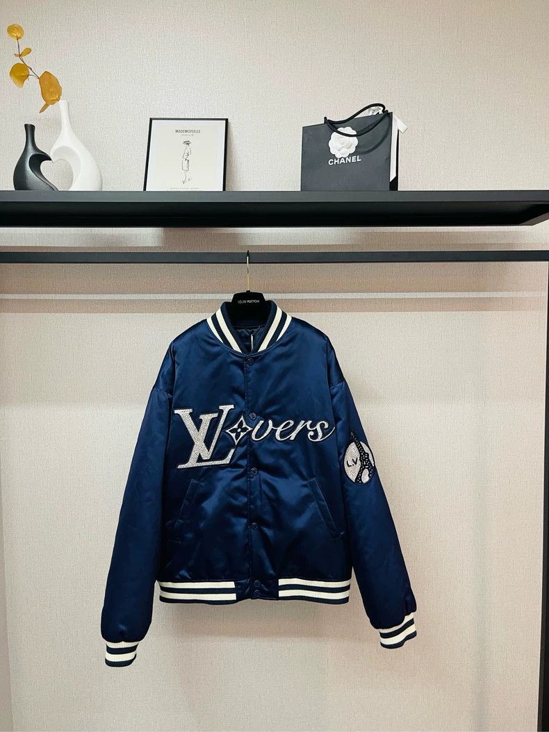 Louis Vuitton Blue satin rhinestone baseball jacket