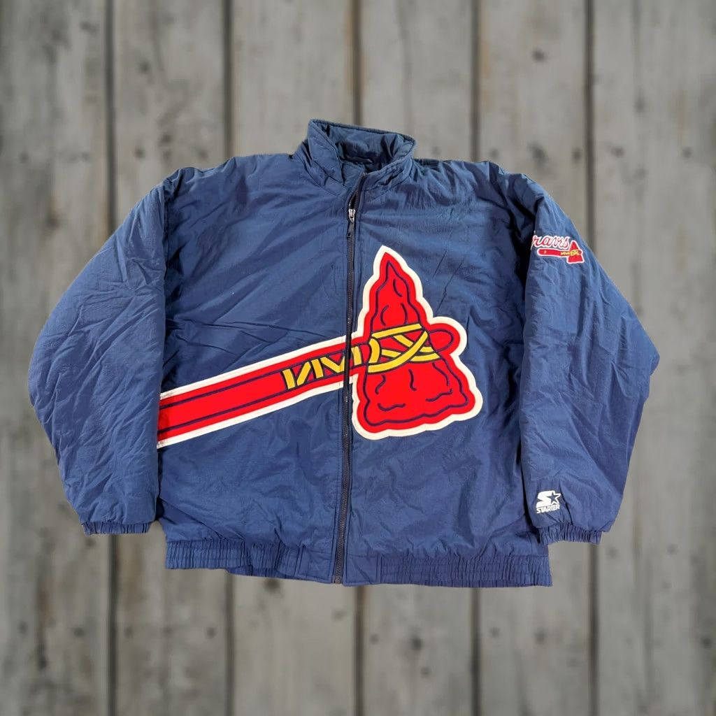 Starter VINTAGE Starter Atlanta Braves Puffer Jacket Mens XL Navy Blue Full Zip Tomahawk Logo Embroidered Sleeve Size US XL / EU 56 / 4 - 1 Thumbnail