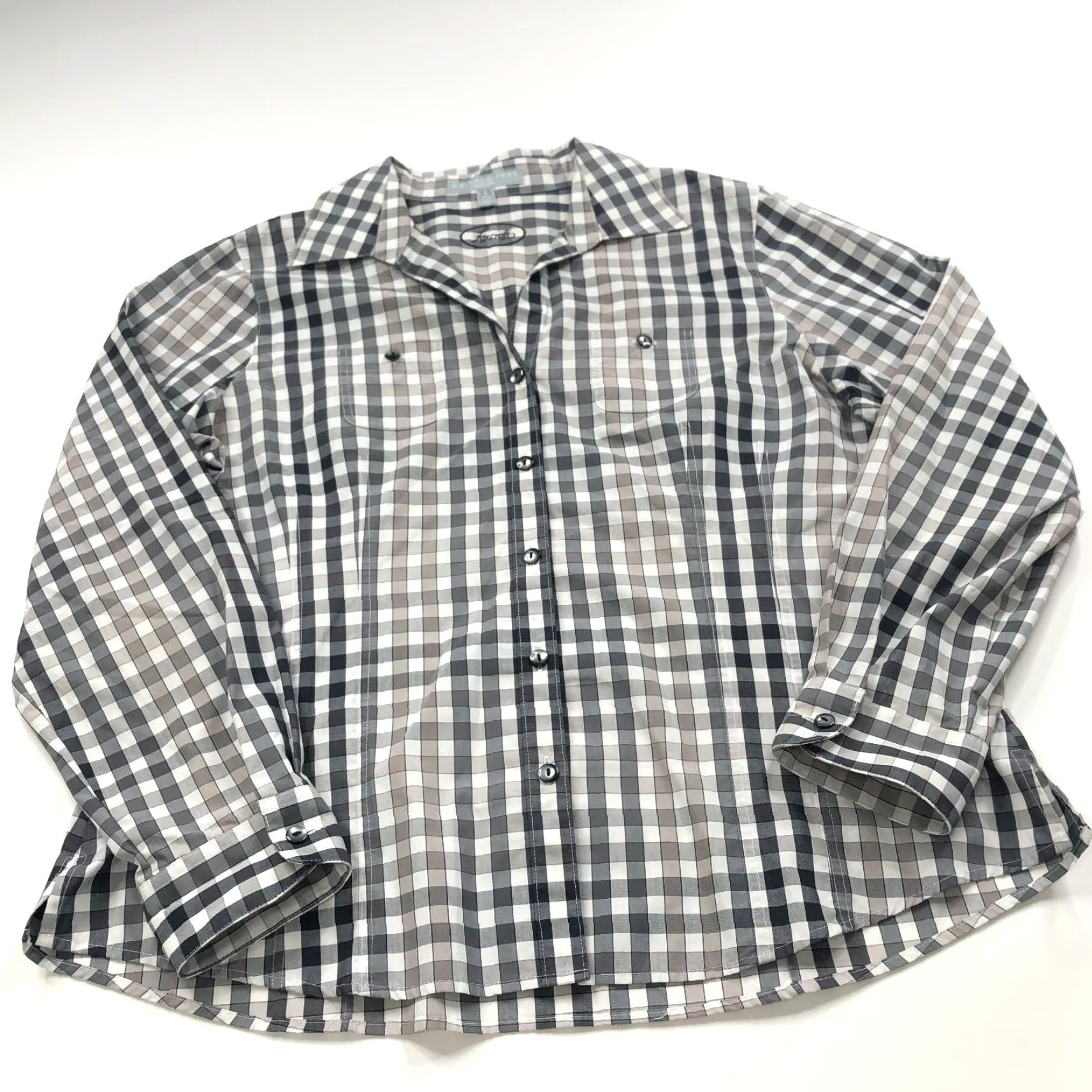 Vintage Foxcroft Shirt Gray Plaid Long Sleeve V-Neck Fitted Wrinkle Free 14P Button-Up Womens Petite Casual" Size XL / US 12-14 / IT 48-50 - 2 Thumbnail