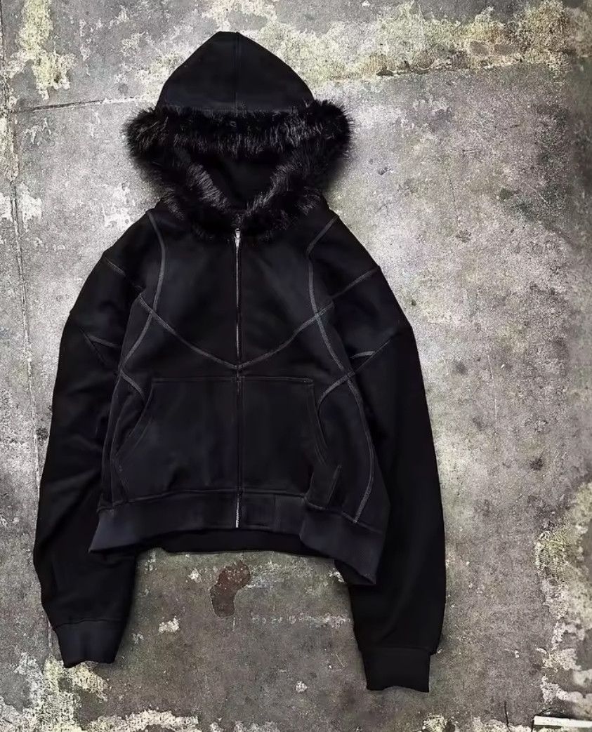 Other Fashion Y2K Retro Ins Fur Hat Patchwork Striped Zip Hoodies Size US L / EU 52-54 / 3 - 2 Thumbnail