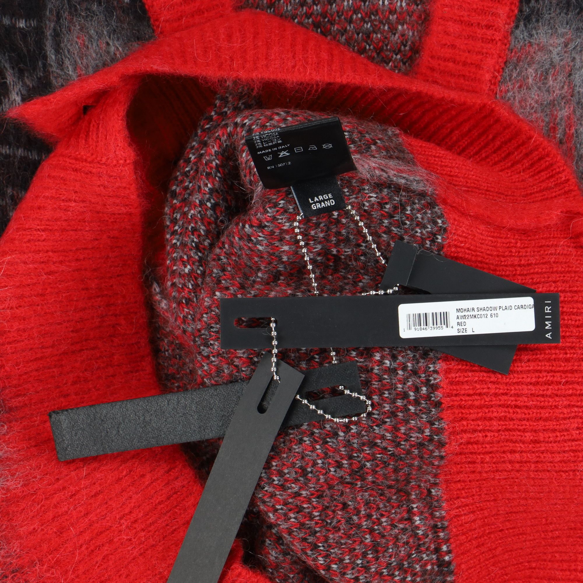 Amiri Red Check Brushed Mohair Intarsia Logo Cardigan Size US L / EU 52-54 / 3 - 7 Thumbnail