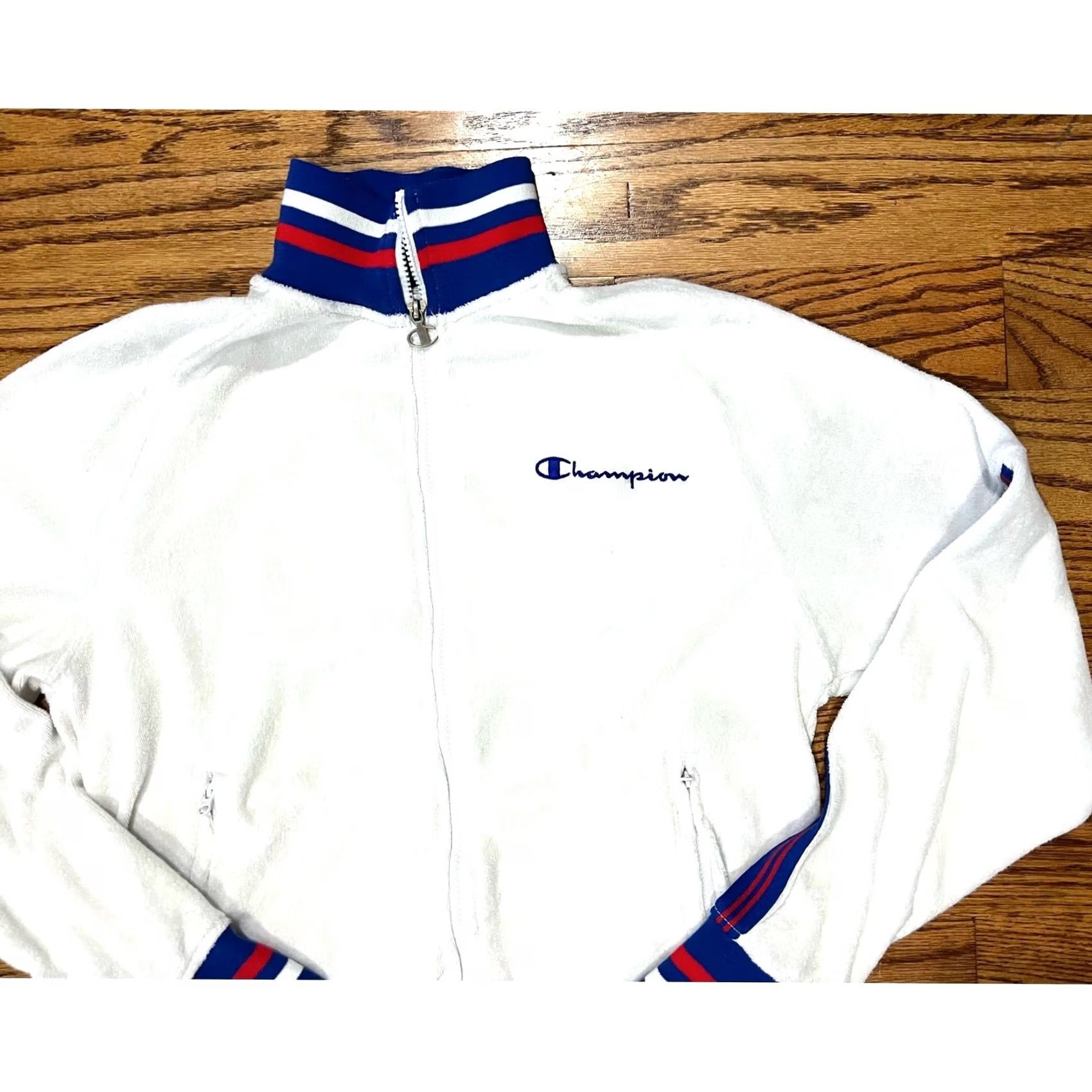 Champion VINTAGE Champion Track Jacket White Full Zip Retro Terry Cloth Mens S Blue Red Jacket Size US S / EU 44-46 / 1 - 2 Thumbnail