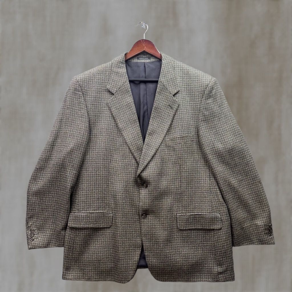 Yves Saint Laurent VINTAGE Yves Saint Laurent Blazer Men Wool Silk Blend Tweed Geometric Notch Lapel Notch Single-Breasted Two-Button 43 Chest Regular Fit Brown Size 42R - 1 Thumbnail