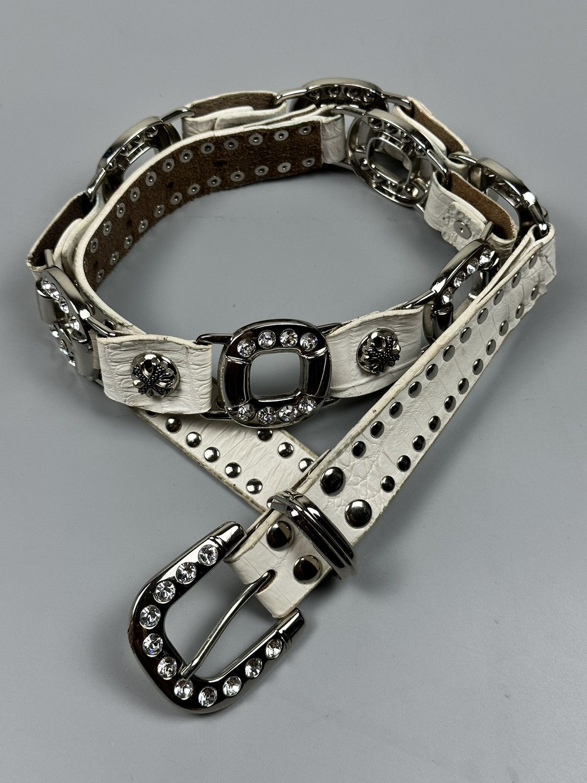 If Six Was Nine Rare Chrome Hearts Inspired White Leather Diamond Studs Belt Size 34 - 18 Thumbnail