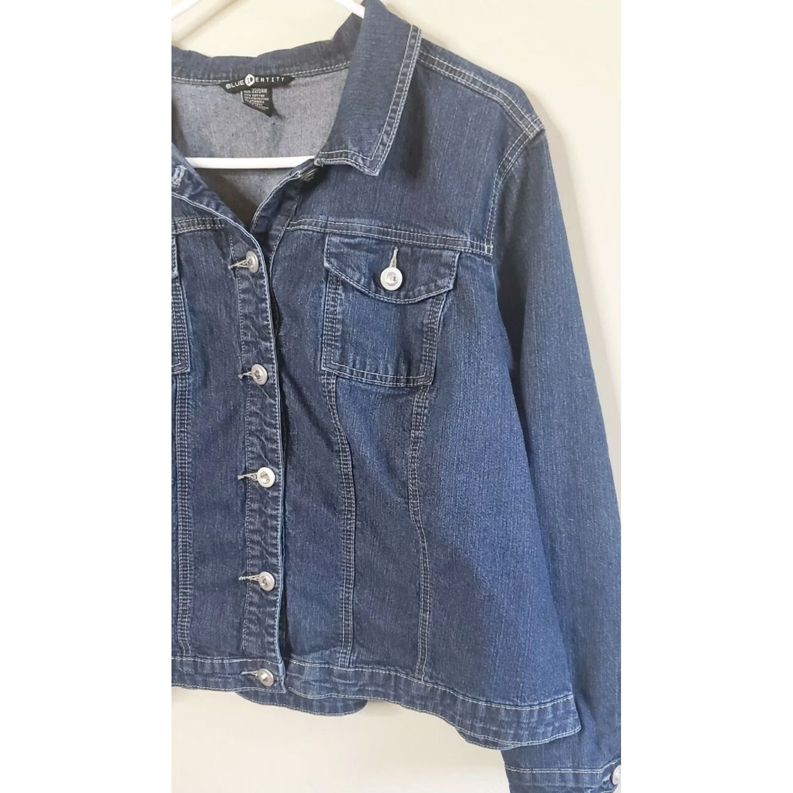 Denime New Identity Denim Jacket Women's 22/24 Short 23" Blue Rhinestone Button Jeans Jacket Casual Comfort Womens Size 3XL / US 20-22 - 3 Thumbnail