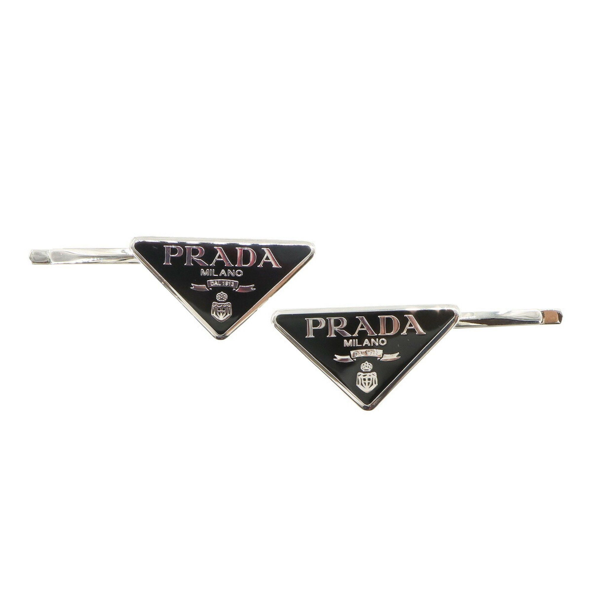 Prada Triangle Metal Hair Clip Hairpin Black Silver 1If051 Clips, Women's Product Image