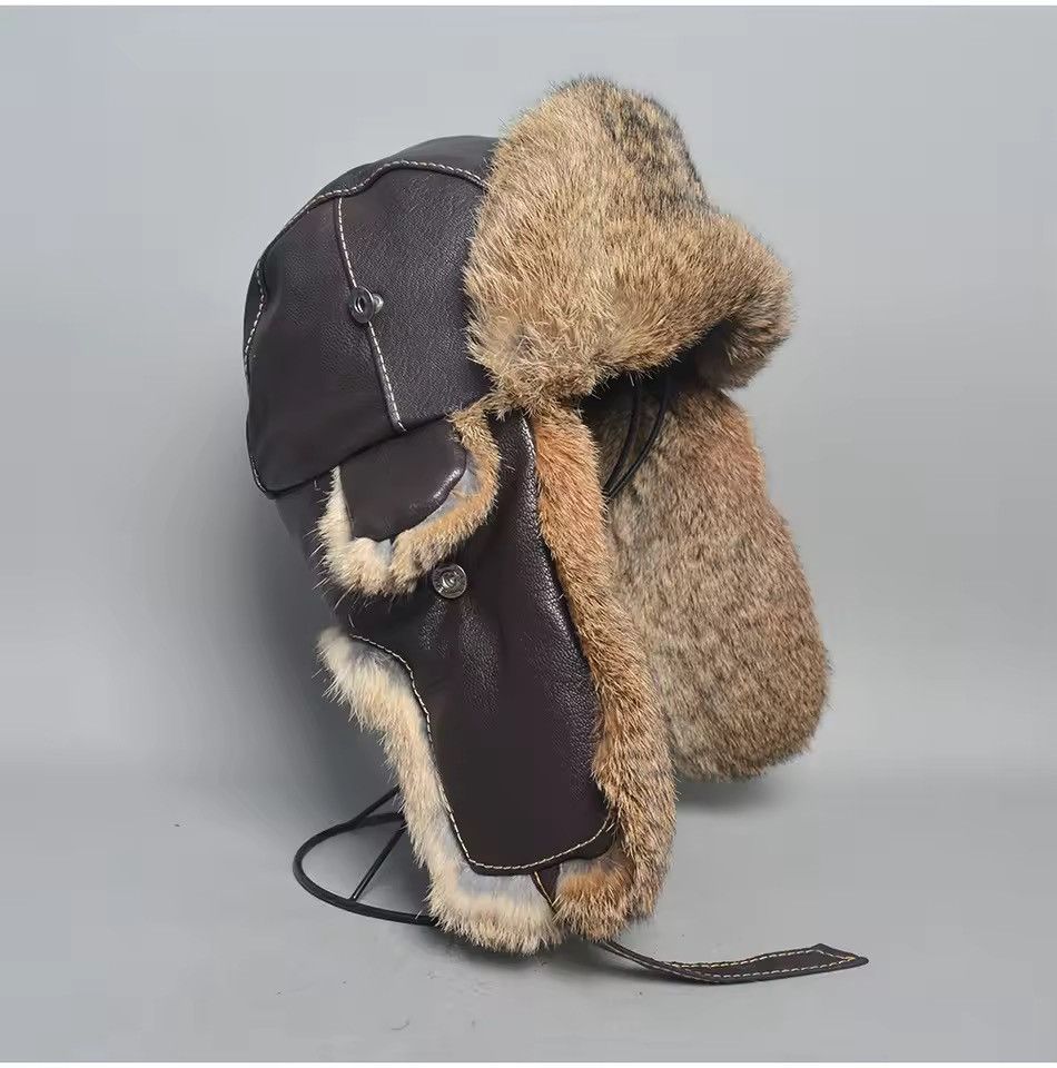 🔥 Size L Brown Leather Faux Fur Trapper Hat