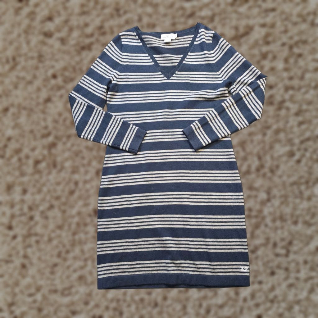 Vineyard Vines VINEYARD VINES Dress Women's Small Blue Striped Wool Blend Knitted V-Neck Long Sleeve Knee Length Preppy Nautical Size S / US 4 / IT 40 - 1 Thumbnail