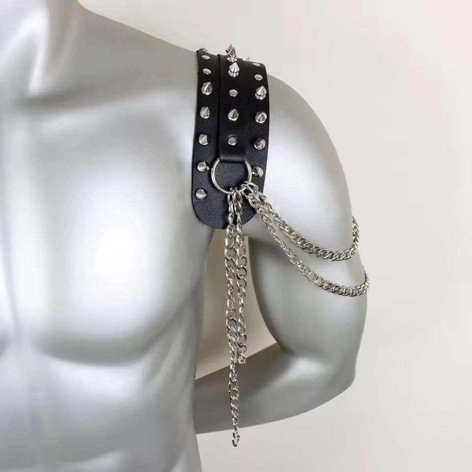 Japanese Brand Black PU Leather Spiked Shoulder Harness Epaulet Chain Size ONE SIZE - 8 Thumbnail