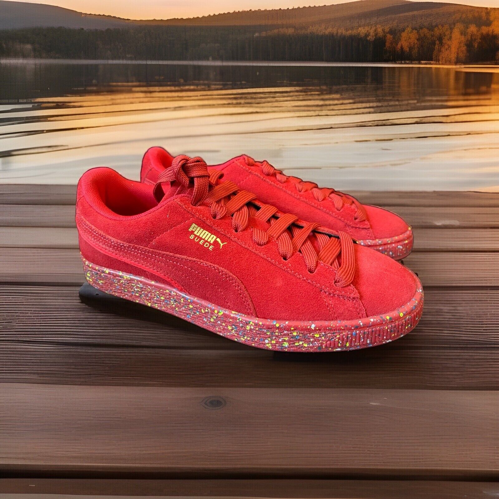 Puma Puma Suede Mono Triplex Lace Up Kids Red Paint Splatter Size US 6.5 / IT 36.5 - 1 Thumbnail