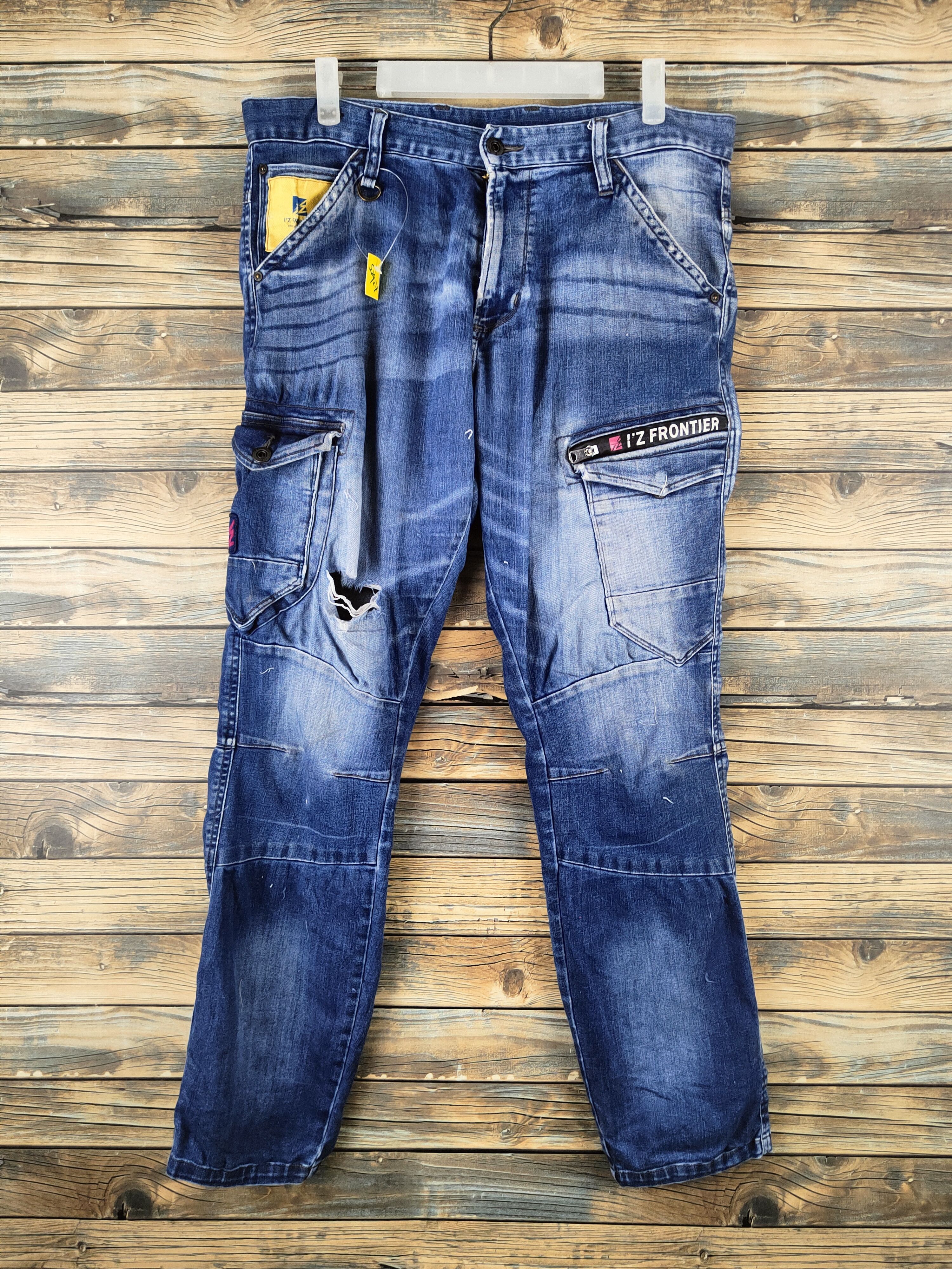 Japanese Brand I'z Frontier Blue Distressed Ripped Jeans #S2927 Size US 35 - 1 Thumbnail