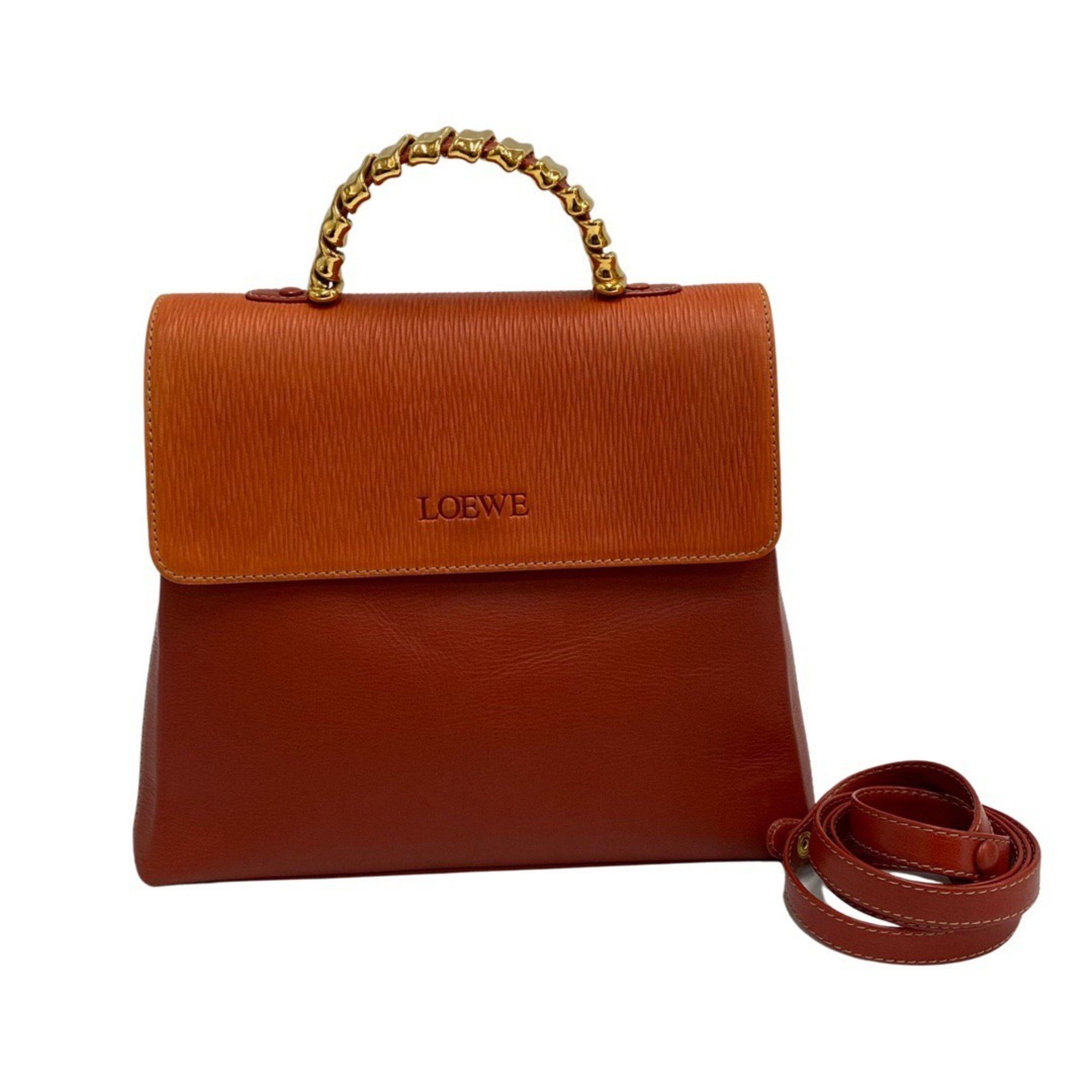 image of Loewe Logo Metal Fittings Velasquez Leather Genuine 2Way Handbag Shoulder Bag Mini Tote Orange, Wom