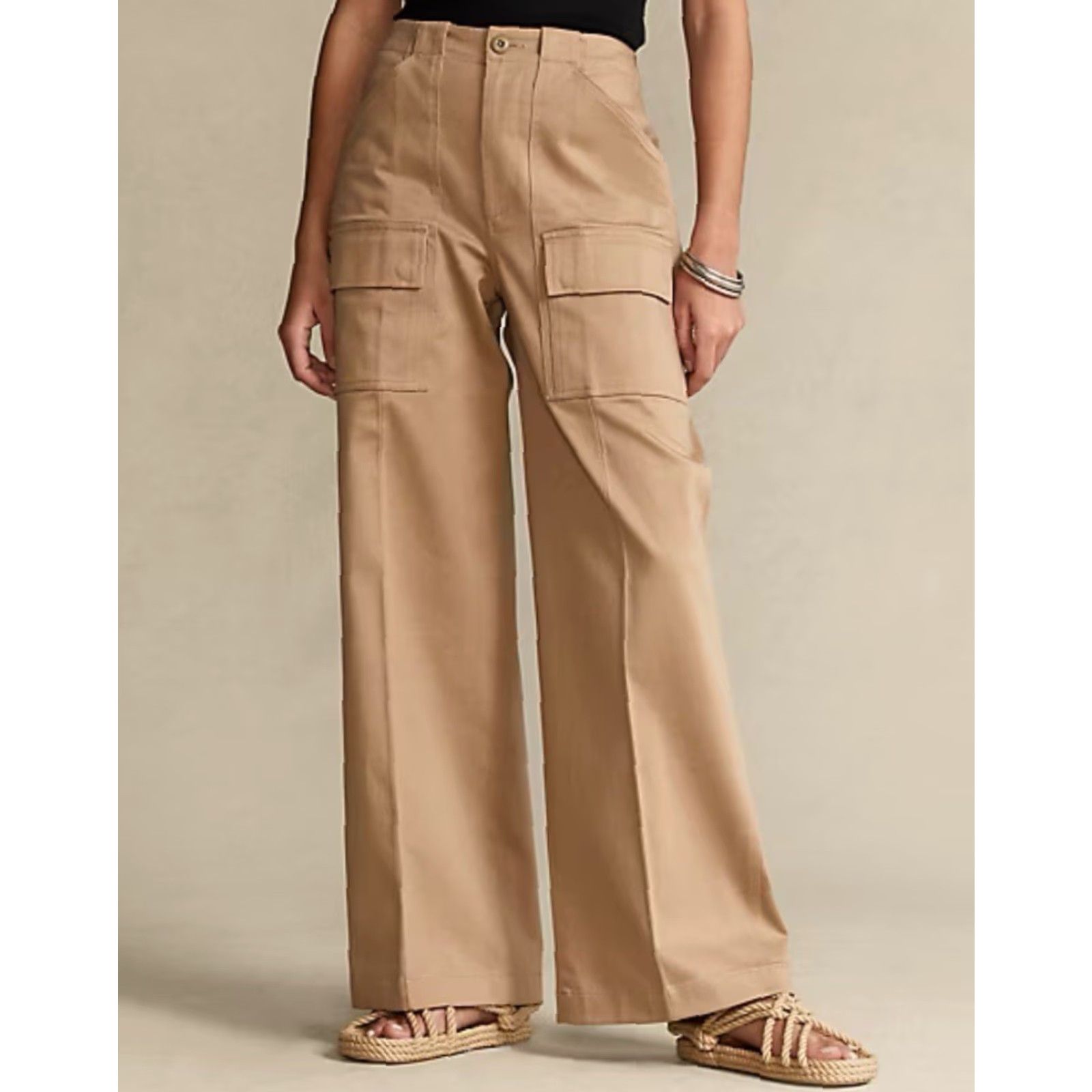 Polo Ralph Lauren VINTAGE Polo Ralph Lauren Wide Leg Cargo Trouser Pant Women 4 Beige Utility Inspired Size 27" / US 4 / IT 40 - 2 Thumbnail
