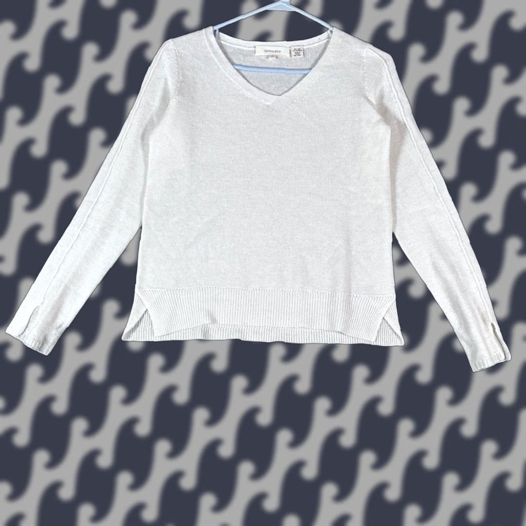 Vintage INHABIT White V Neck Linen Cashmere Blend Sweater Pullover Women Petite Small Knit Pullover V-Neck Pullover Womens 90s Vintage Y2k Size XXS / US 00 / IT 34 - 1 Thumbnail