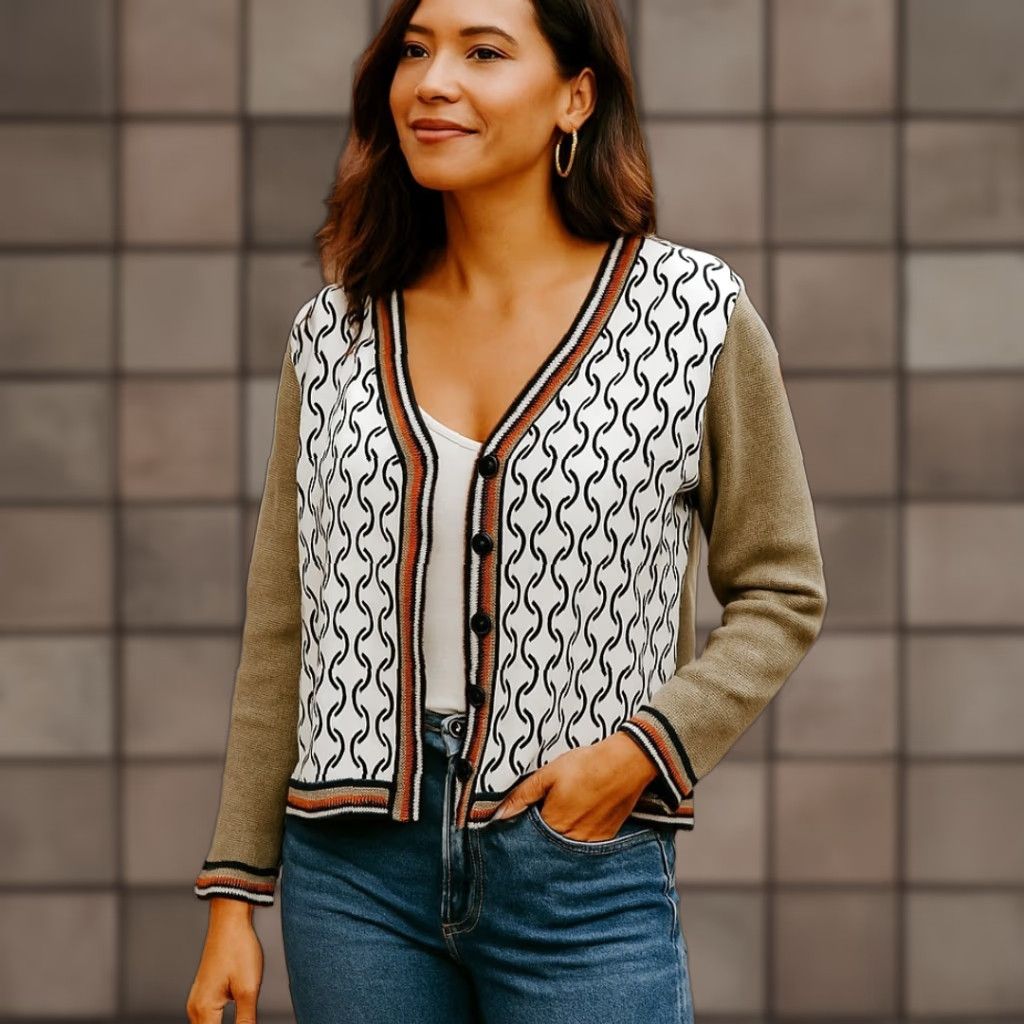 Vintage Elaris Satin Patterned Front Mixed Media Vneck Sweater Cardigan L Beige Ivory Womens Cardigan, Size L Size L / US 10 / IT 46 - 1 Thumbnail