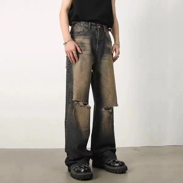 image of Retro Distressed Nostalgic Rust Raw Edge Ripped Jeans in Rusty Earth Color, Men's (Size 32)