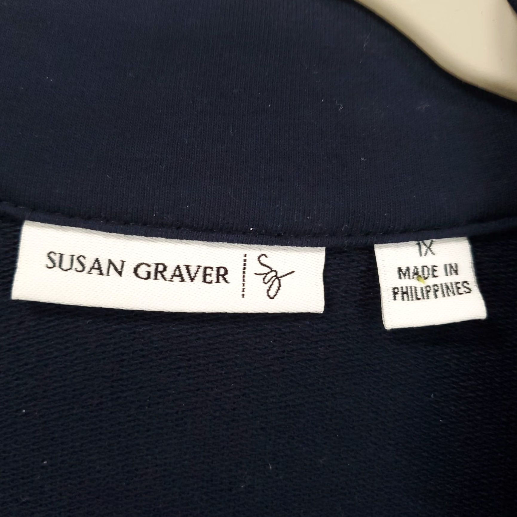 Vintage Susan Graver Womens Jacket 1X Navy Blue White Geometric Full Zip Stretchy Jacket Size XL / US 12-14 / IT 48-50 - 3 Thumbnail