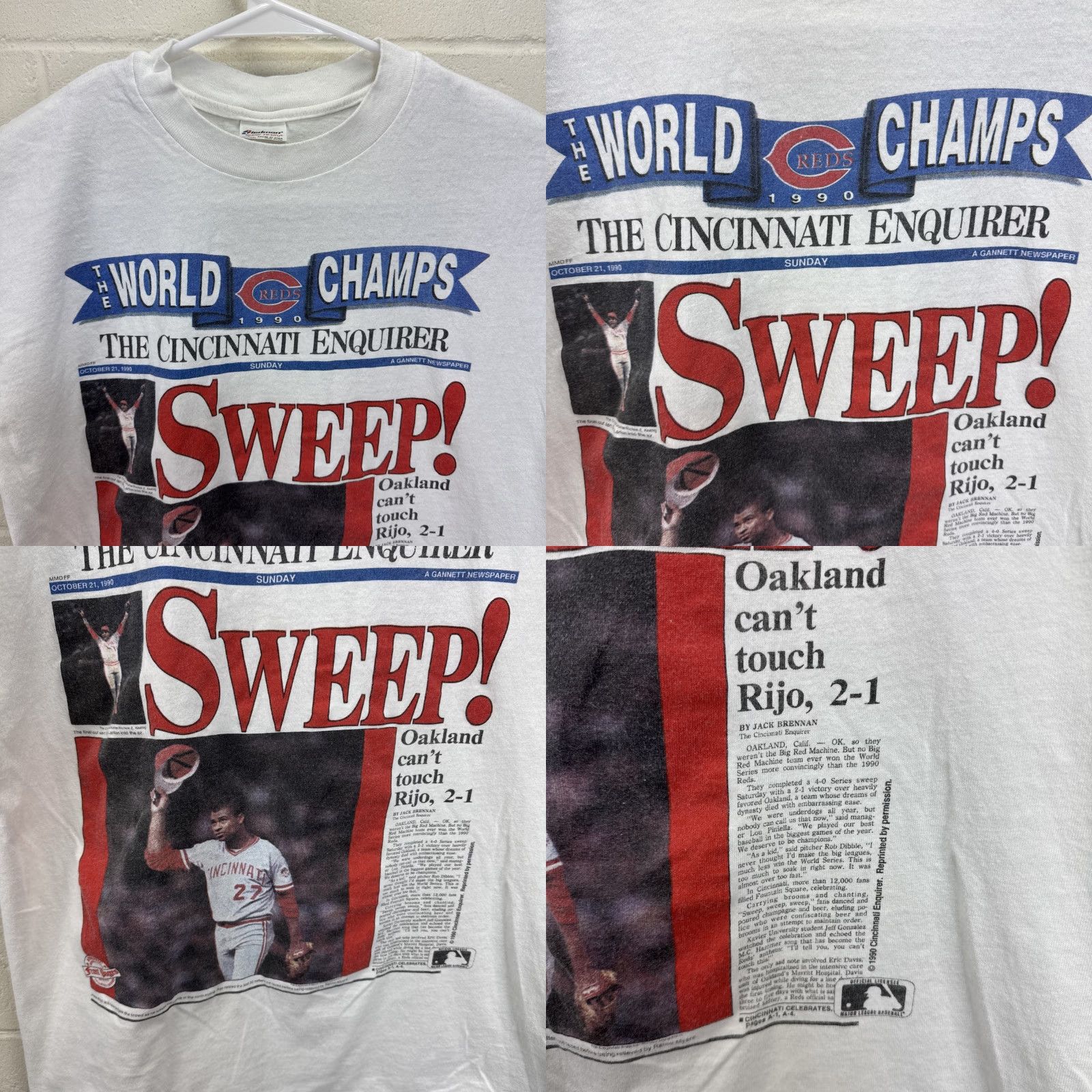Vintage VINTAGE Cincinnati Reds World Champs T-Shirt Newspaper Headline Sweep Rijo Men White 1990s Graphic Tee M/L Short Sleeve Cotton Stedman Size US M / EU 48-50 / 2 - 8 Thumbnail