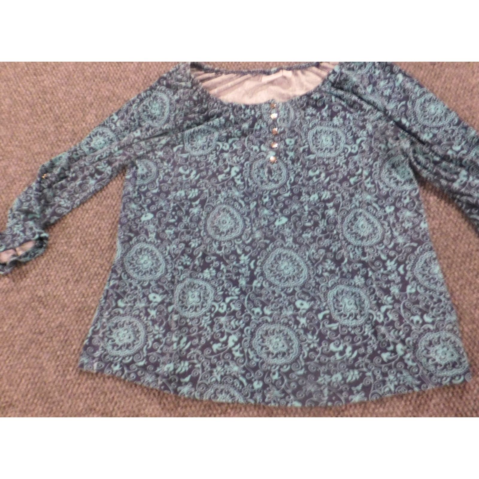 Vintage Kim Rogers Blouse L Womens Blue Floral Crew Neck Pullover Stretch Casual Regular Satin? (Note: Contains rayon and cotton; cap sleeves) Size L / US 10 / IT 46 - 3 Thumbnail