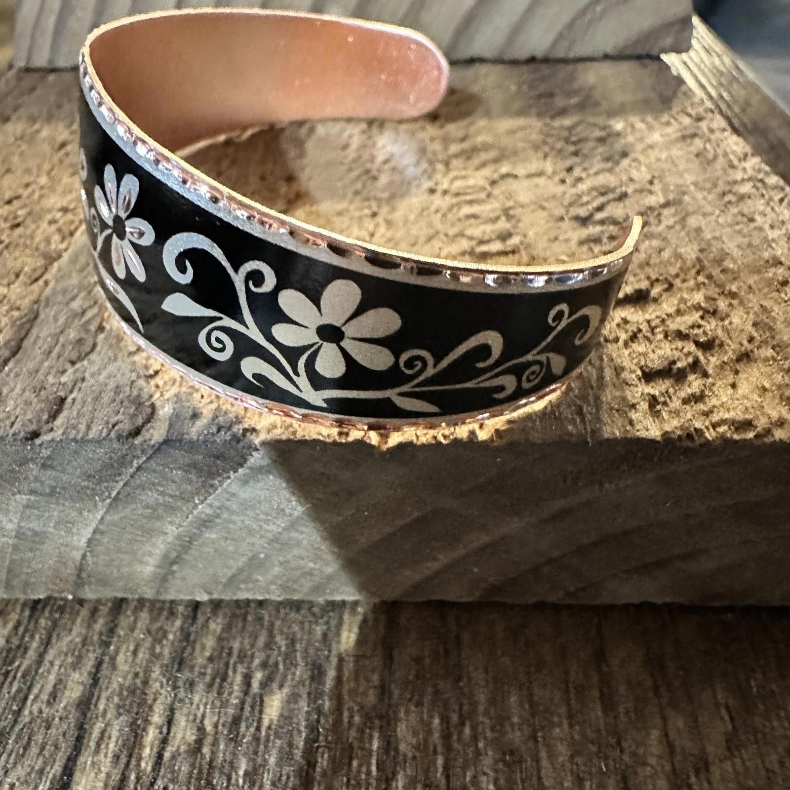 Other Handcrafted Diamond Cut Black Floral Design Copper Cuff Brac Size ONE SIZE - 3 Thumbnail