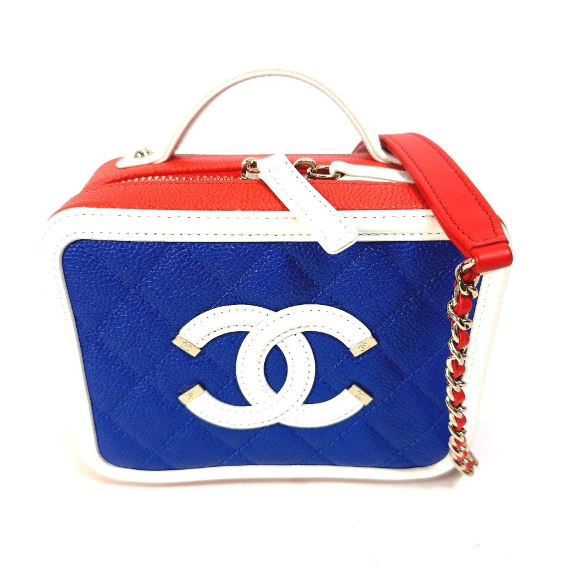 CHANEL A93342 Coco Mark CC Filigree Vanity Bag Tricolor Shoulder Caviar Leather Red Like New