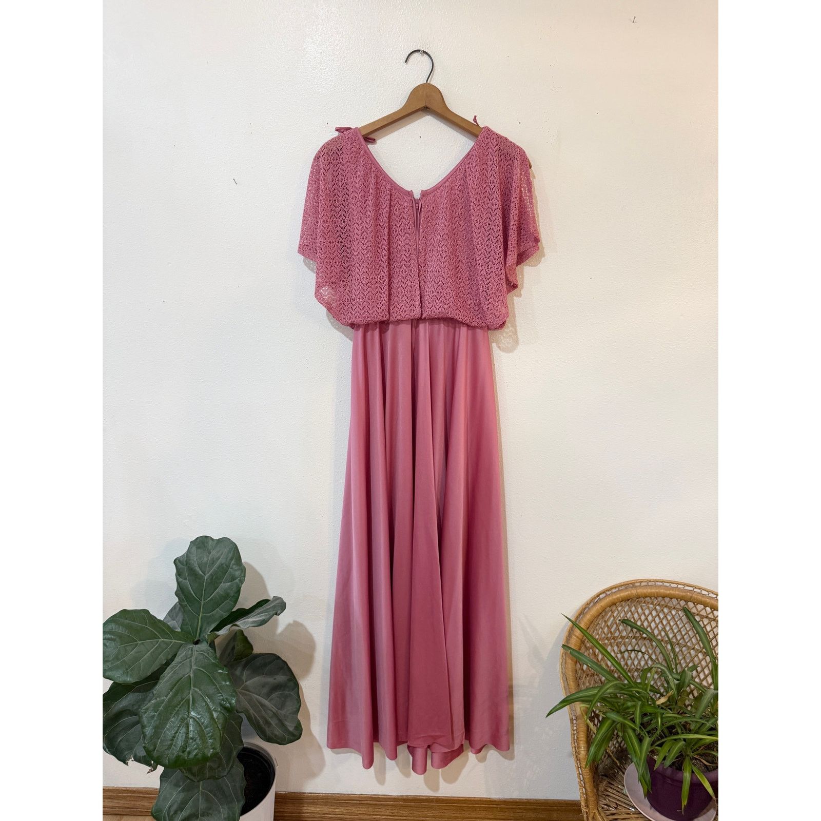 Vintage 70s Dusty Pink Flutter Sleeve Maxi Dress Size XL / US 12-14 / IT 48-50 - 3 Thumbnail