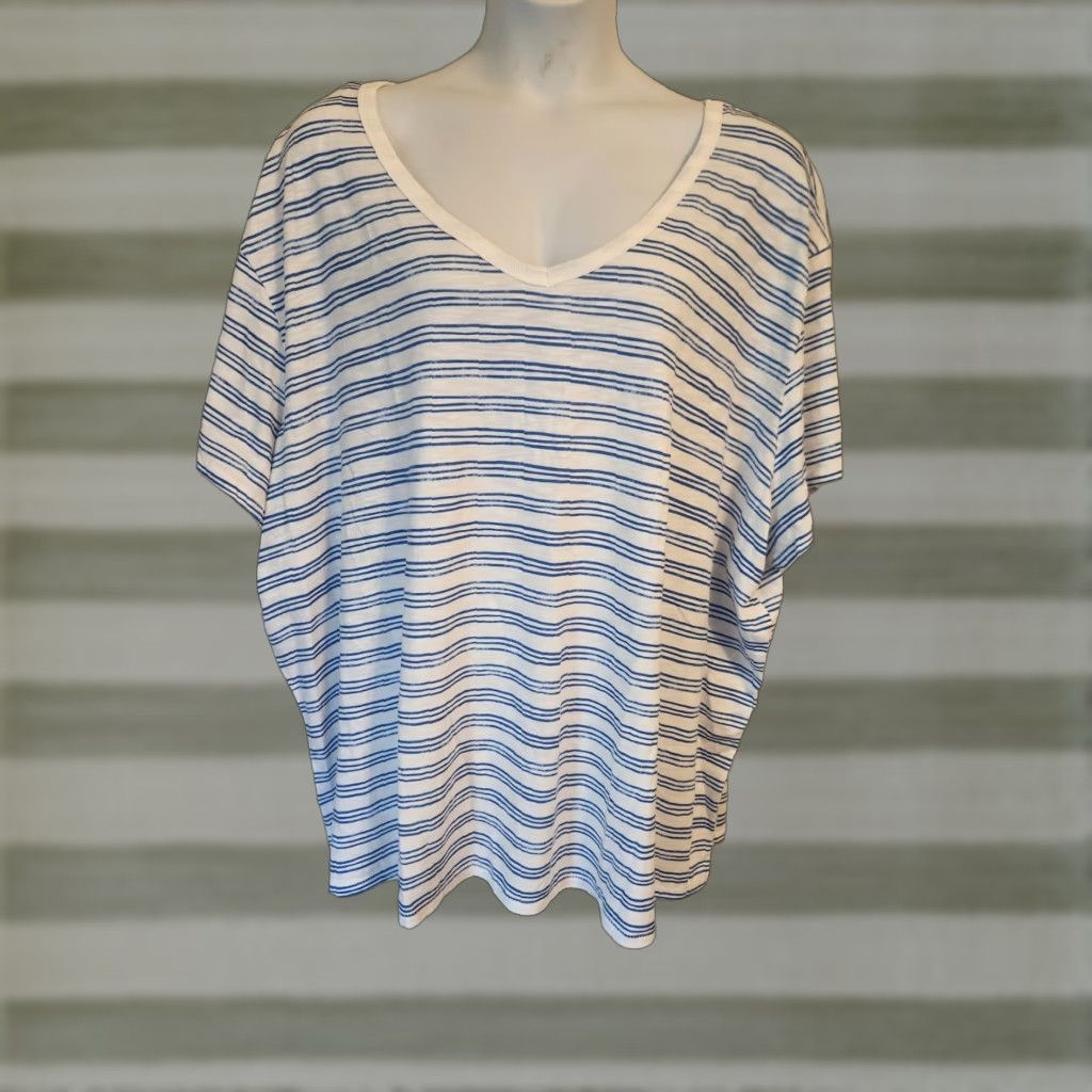 Vintage Sonoma Blue White Stripe Short Sleeve V-Neck T-Shirt 5X Plus Size XXL / US 16-18 / IT 52-54 - 1 Thumbnail