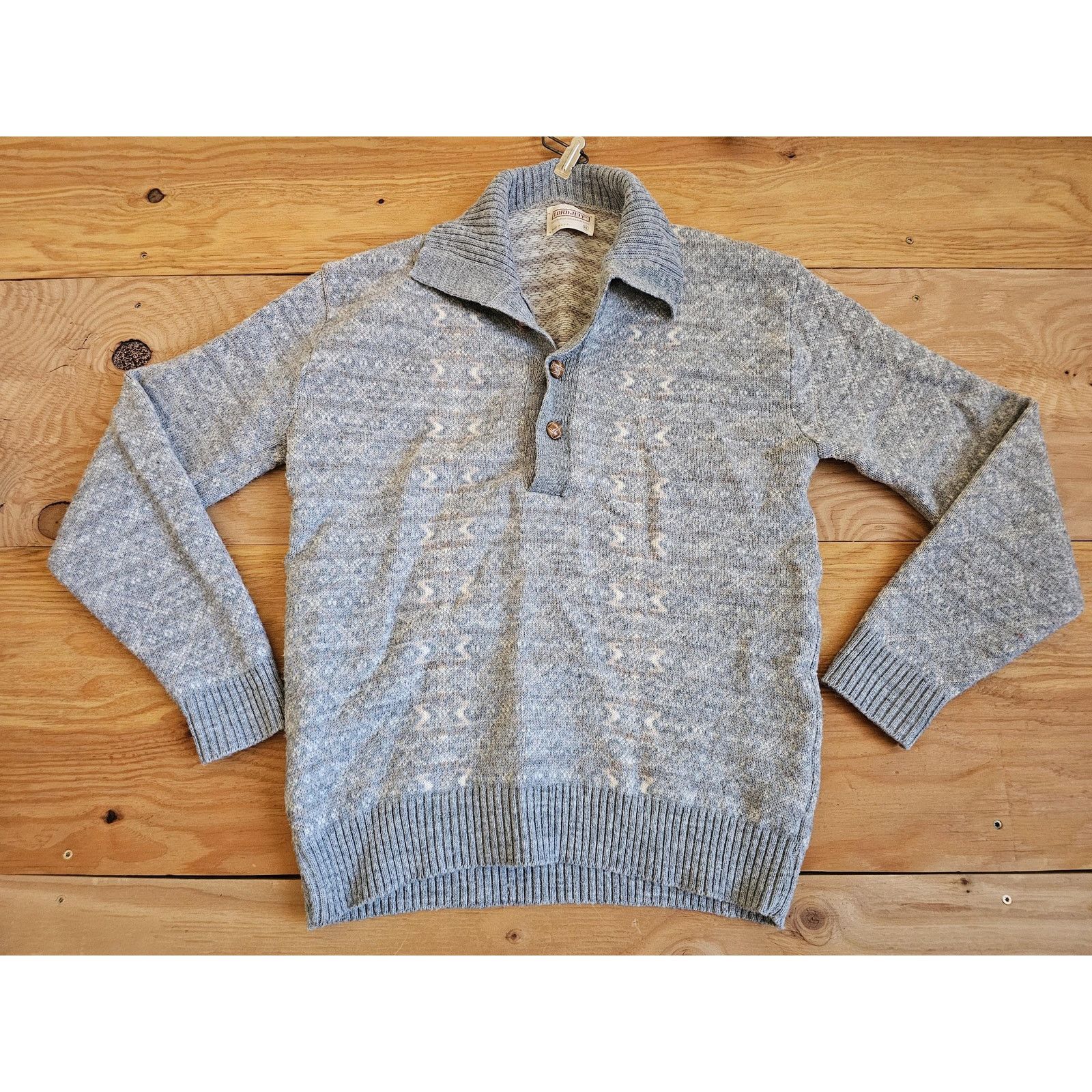 Other Lord Jeff Knit Sweater, Orlon Shawl Collar, Gray Beige 1960s Size US L / EU 52-54 / 3 - 1 Thumbnail
