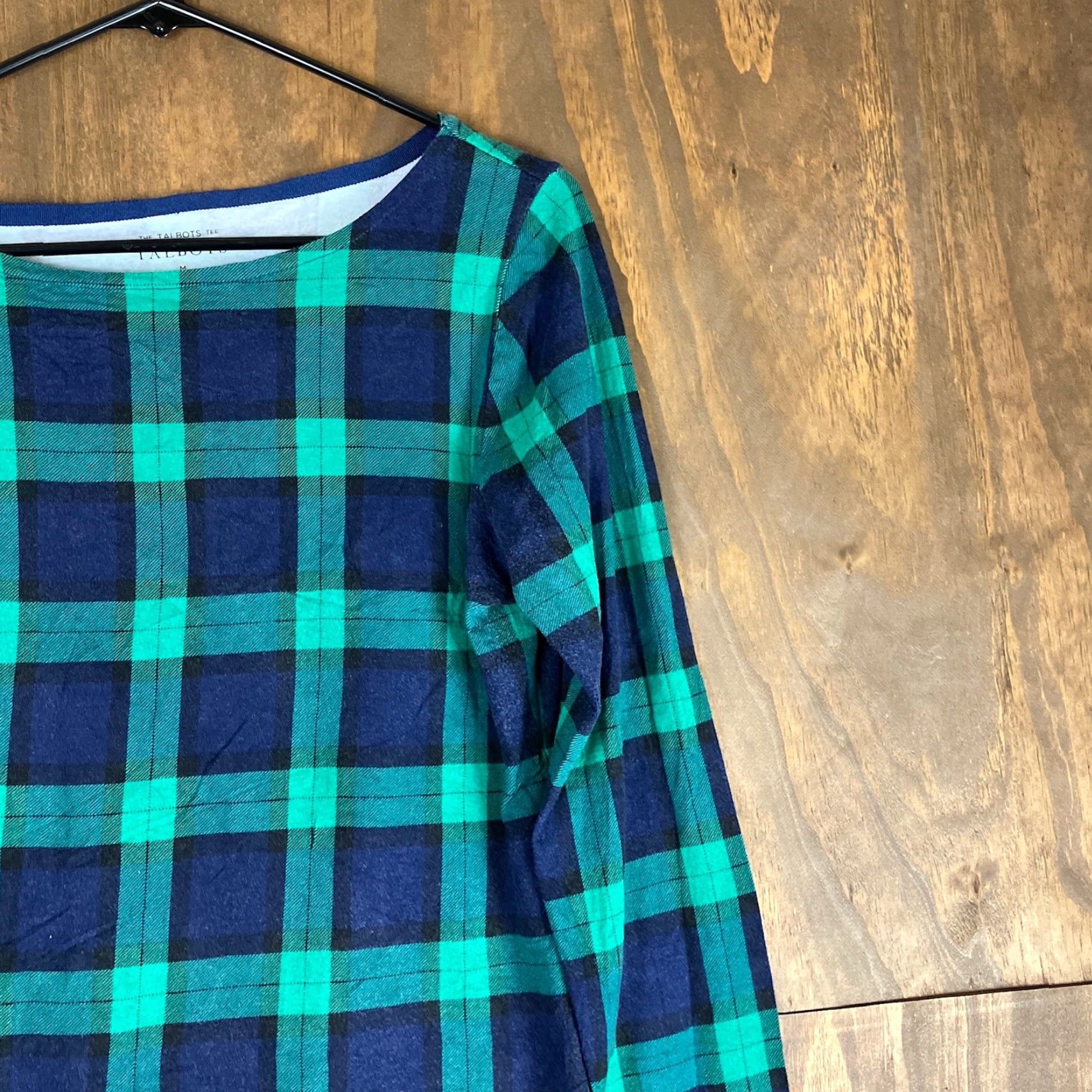 Talbots Talbots Womens Shirt Navy Green Plaid Boat Neck Long Sleeve Stretch Medium Size M / US 6-8 / IT 42-44 - 4 Thumbnail
