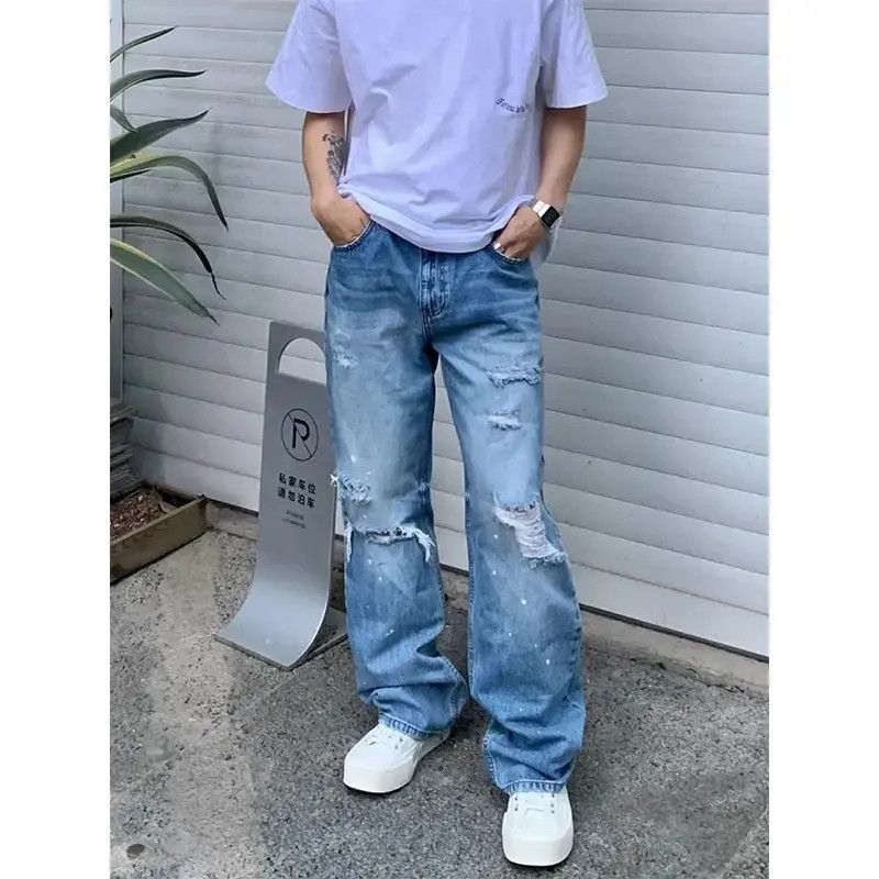Retro loose straight leg washed ripped jeans