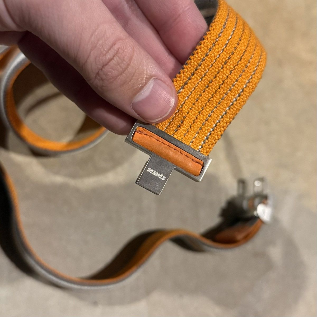 Hermes Hermes H Buckle Canvas Elastic Band Striped Belt Orange Grey Size 30 - 9 Thumbnail