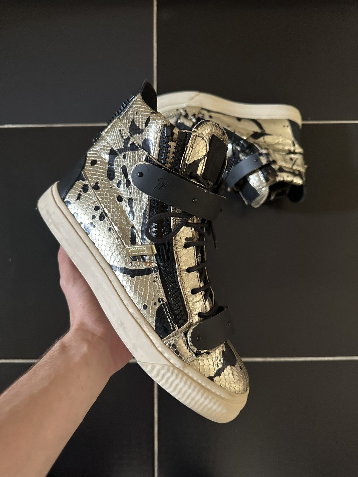 Giuseppe Zanotti Python leather black gold high top sneakers Size US 8 / EU 41 - 2 Thumbnail