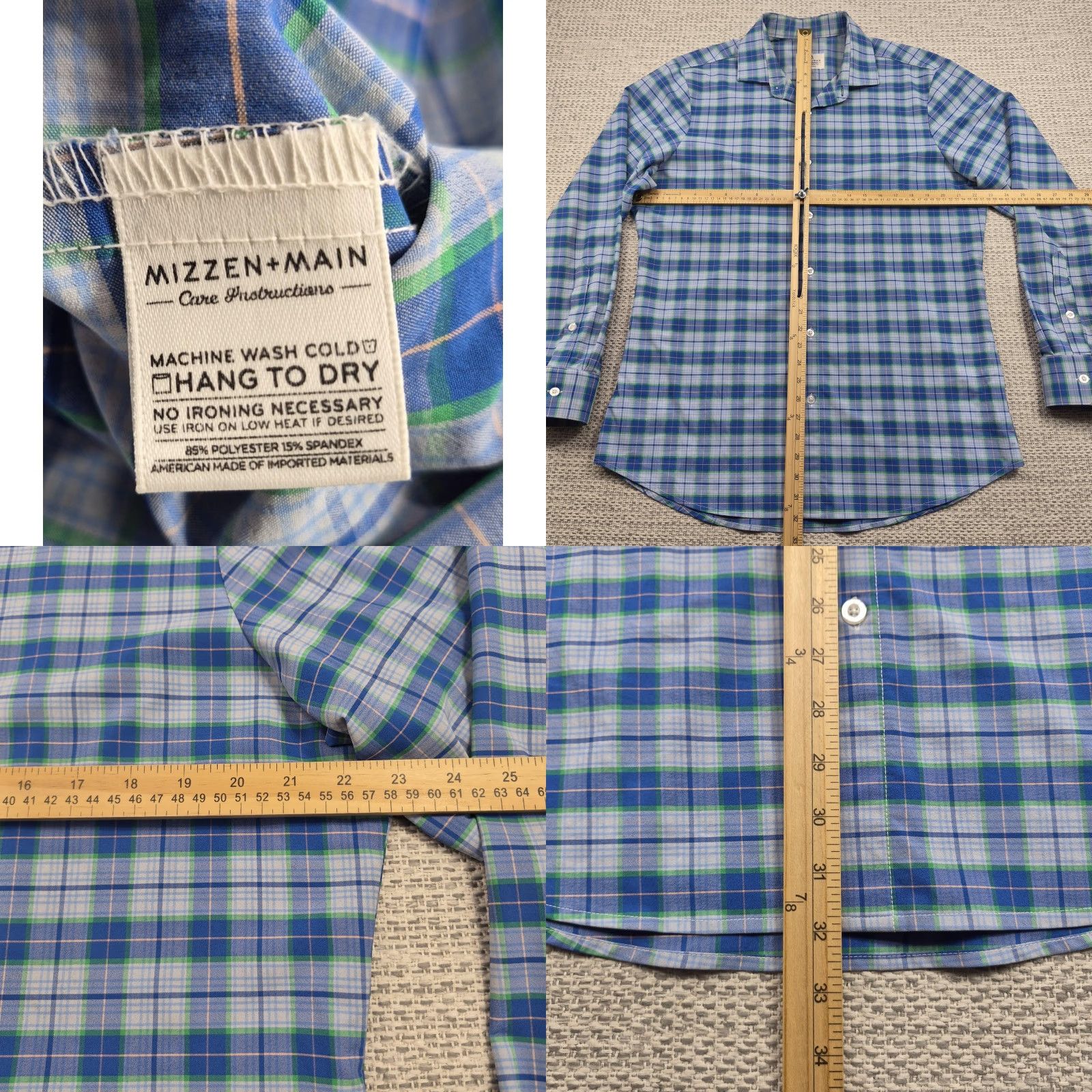 Mizzen+Main Mizzen+Main Button Up Shirt Mens XL Blue Plaid Trim Fit Dress Shirt Size 46R - 8 Thumbnail