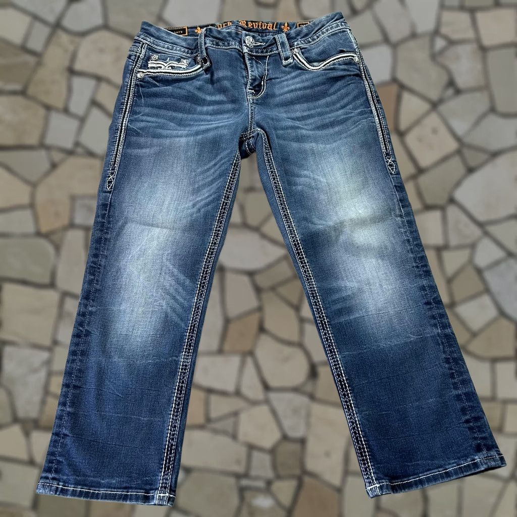 Vintage Rock Revival Jeans Womens 27 Blue Easy Crop Sukara EC3 Distressed Bootcut Denim Jeans Size 27" / US 4 / IT 40 - 1 Thumbnail