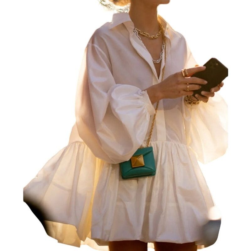 Other Commense White Pleated Long Sleeve Button Collar Mini Dress Size S / US 4 / IT 40 - 3 Thumbnail