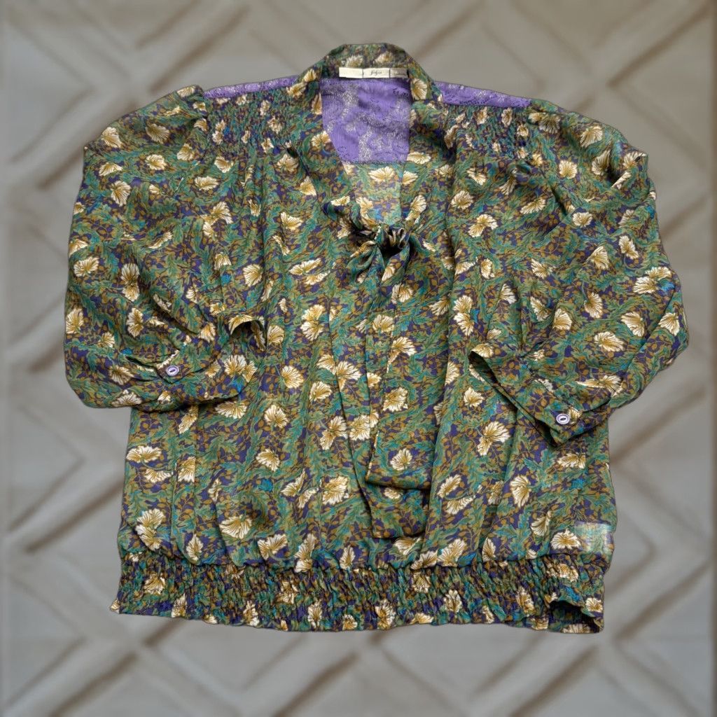 Vintage Gibson Puff Sleeve Tie High Neck Floral Blouse Womens M Green Purple Lace Floral Boho Cottage Boho Blouse, Puff Sleeve, Green, Medium, Gibson, Womens Size M / US 6-8 / IT 42-44 - 1 Thumbnail