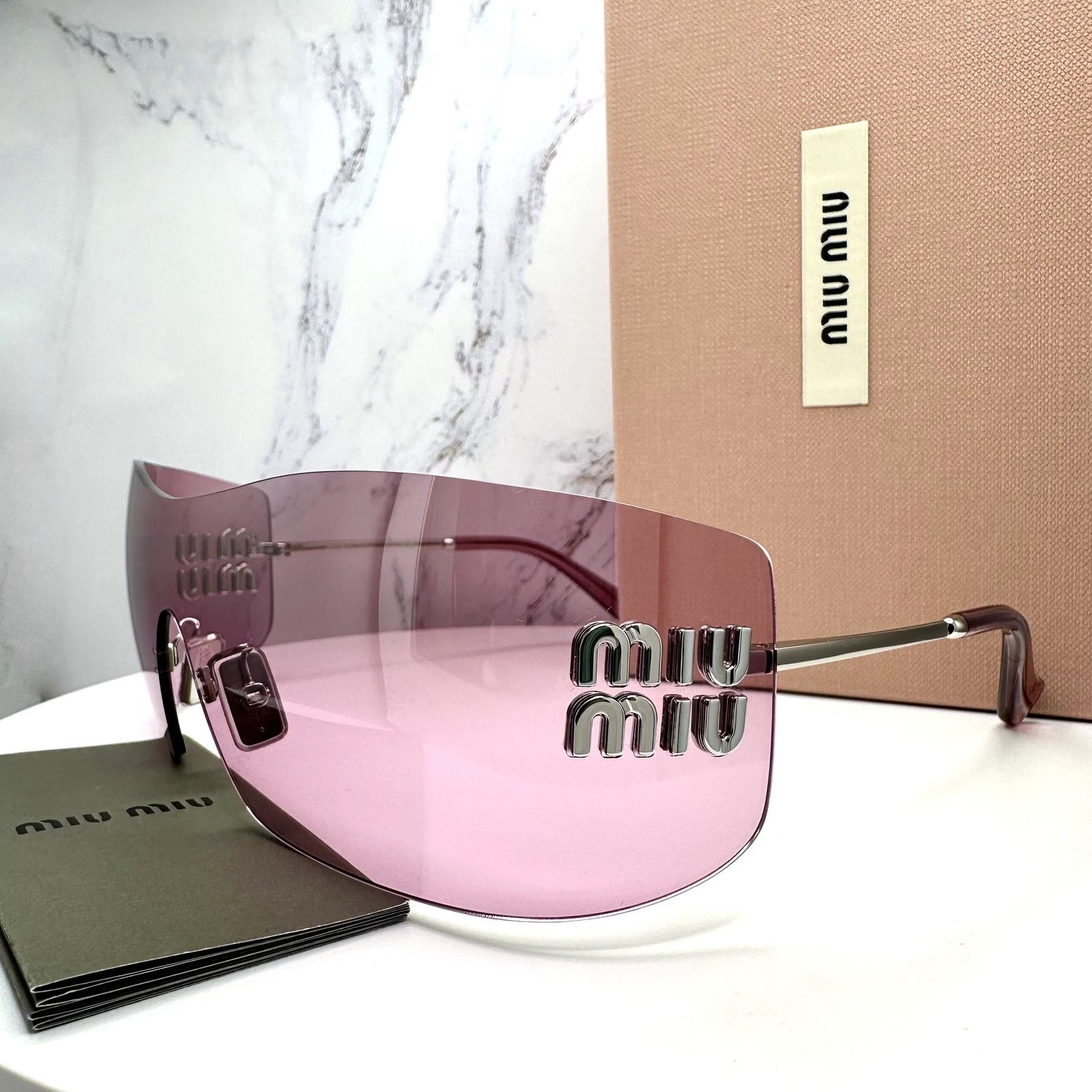 Miu Miu New MIU MIU Sunglasses Silver Pink Mirror Rimless Wrap Size ONE SIZE - 17 Thumbnail