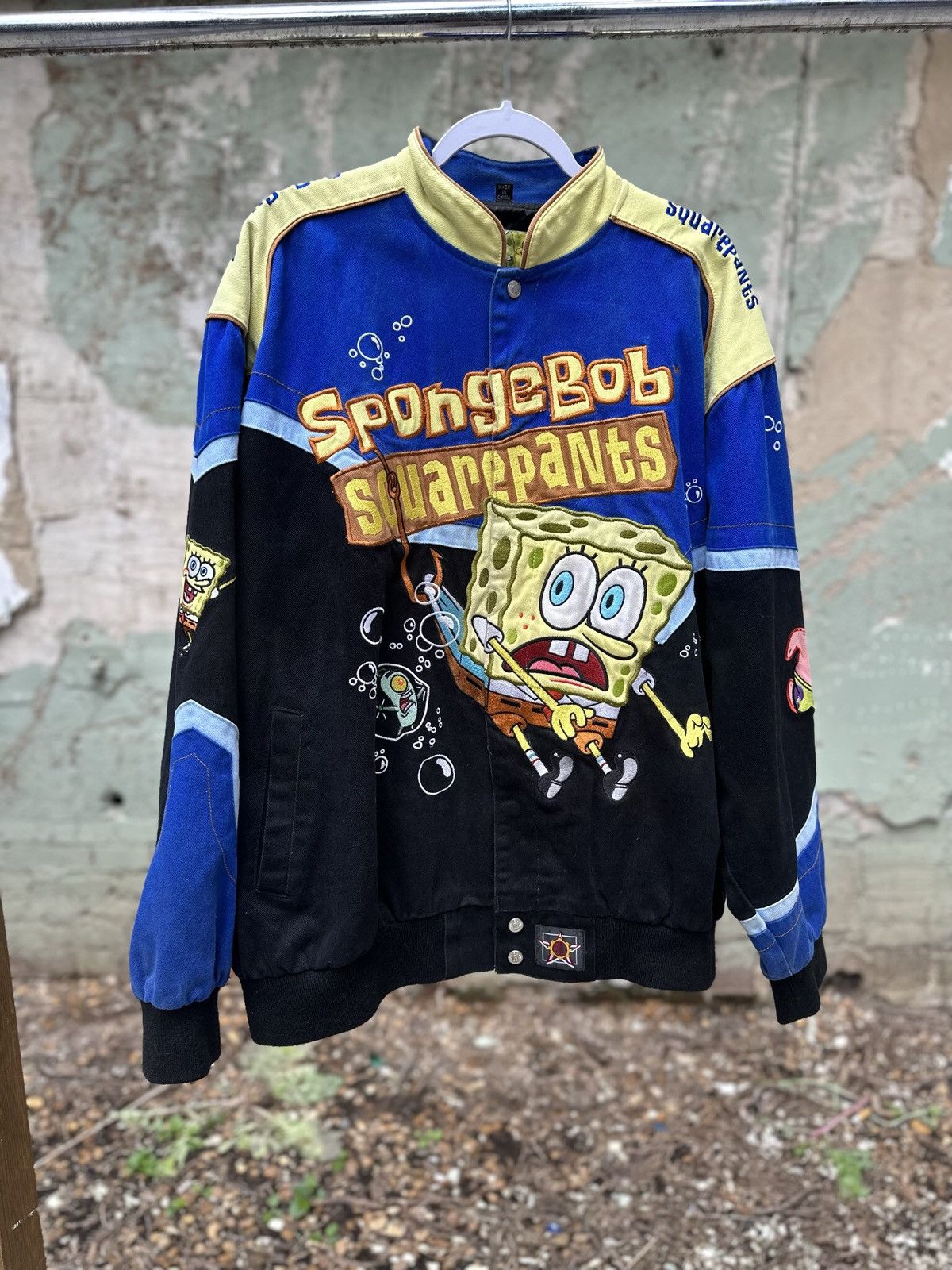 Image of Jeff Hamilton x Nickelodeon VTG Spongebob Nascar Jacket in Black/Blue, Men's (Size 2XL)