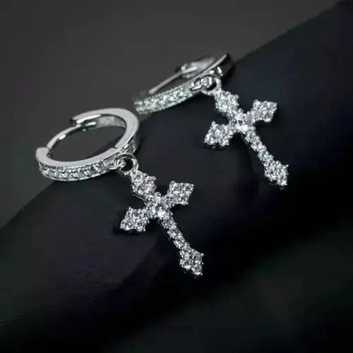 Jewelry × Sterling Silver Large Cross Diamond Earrings Size ONE SIZE - 2 Thumbnail