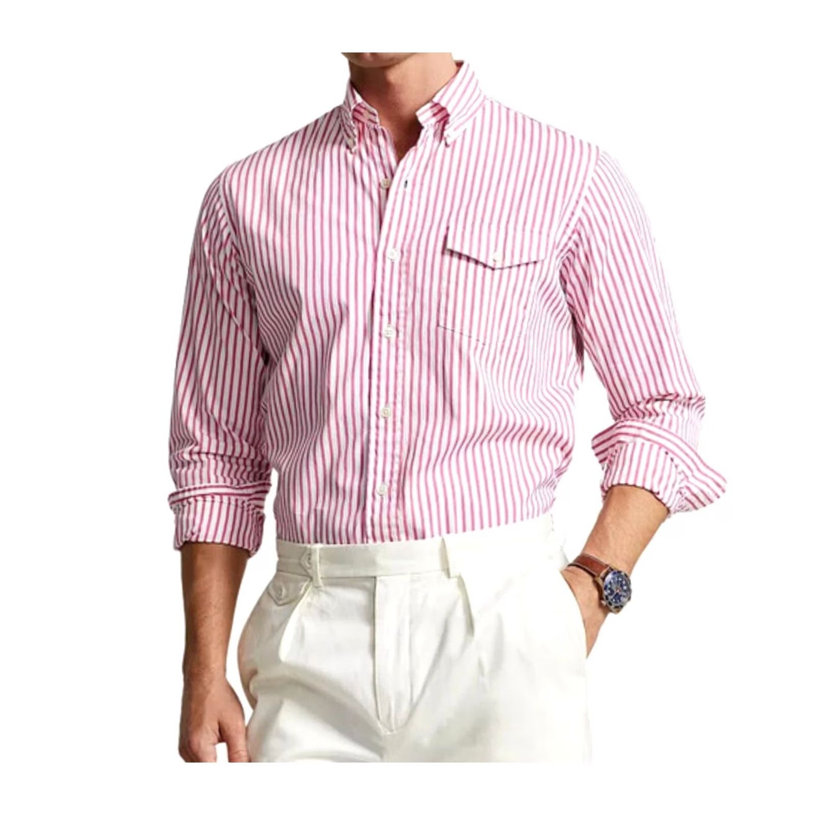 Polo Ralph Lauren Polo Ralph Lauren Poplin Shirt Men XL Pink White Stripe Custom Fit Shirt Long Sleeve Button-Up Collared Crafted with Cotton, Preppy Theme Mens Size US XL / EU 56 / 4 - 2 Thumbnail