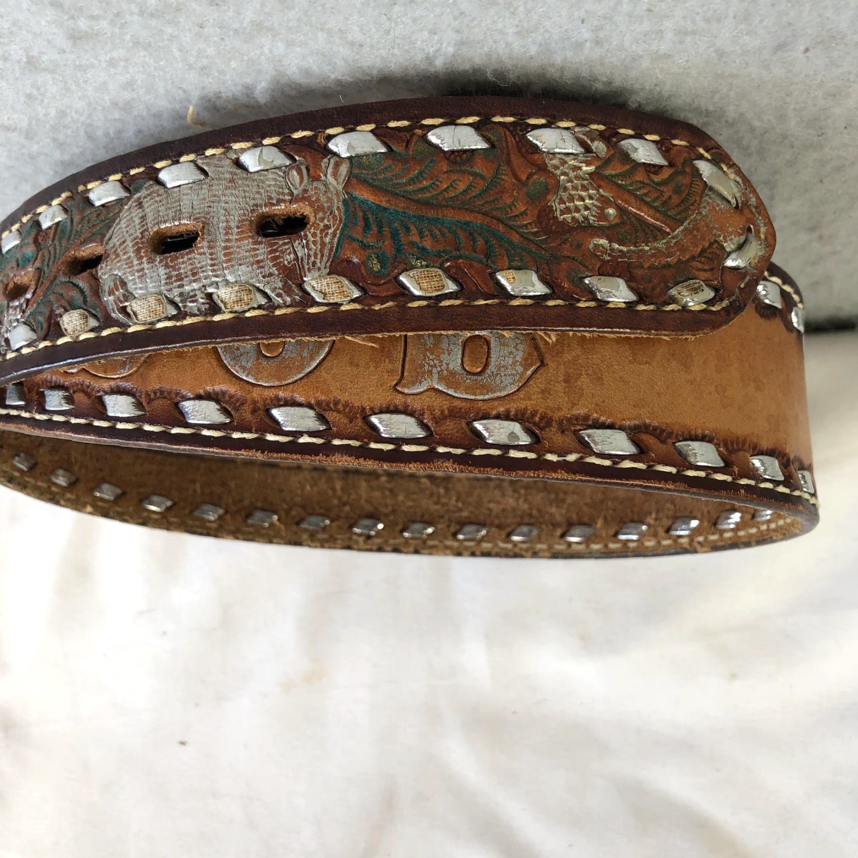 Vintage Belt Mens 36 Brown Leather Western Armadillo Studded Name BOB Animal Design Size 36 - 3 Thumbnail