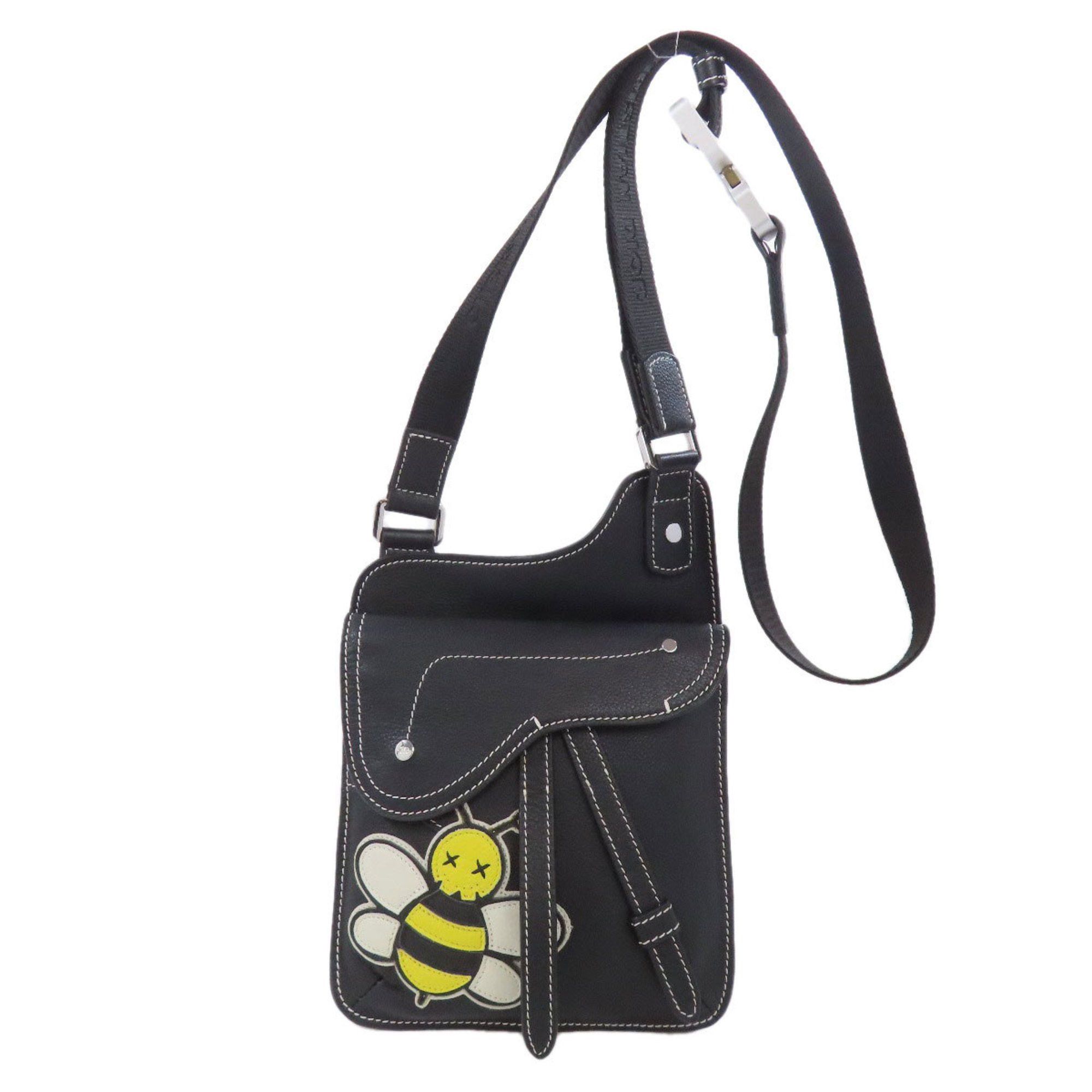 Christian Dior Bee Saddle Shoulder Bag Calf Leather Women's Christian Dior in Black