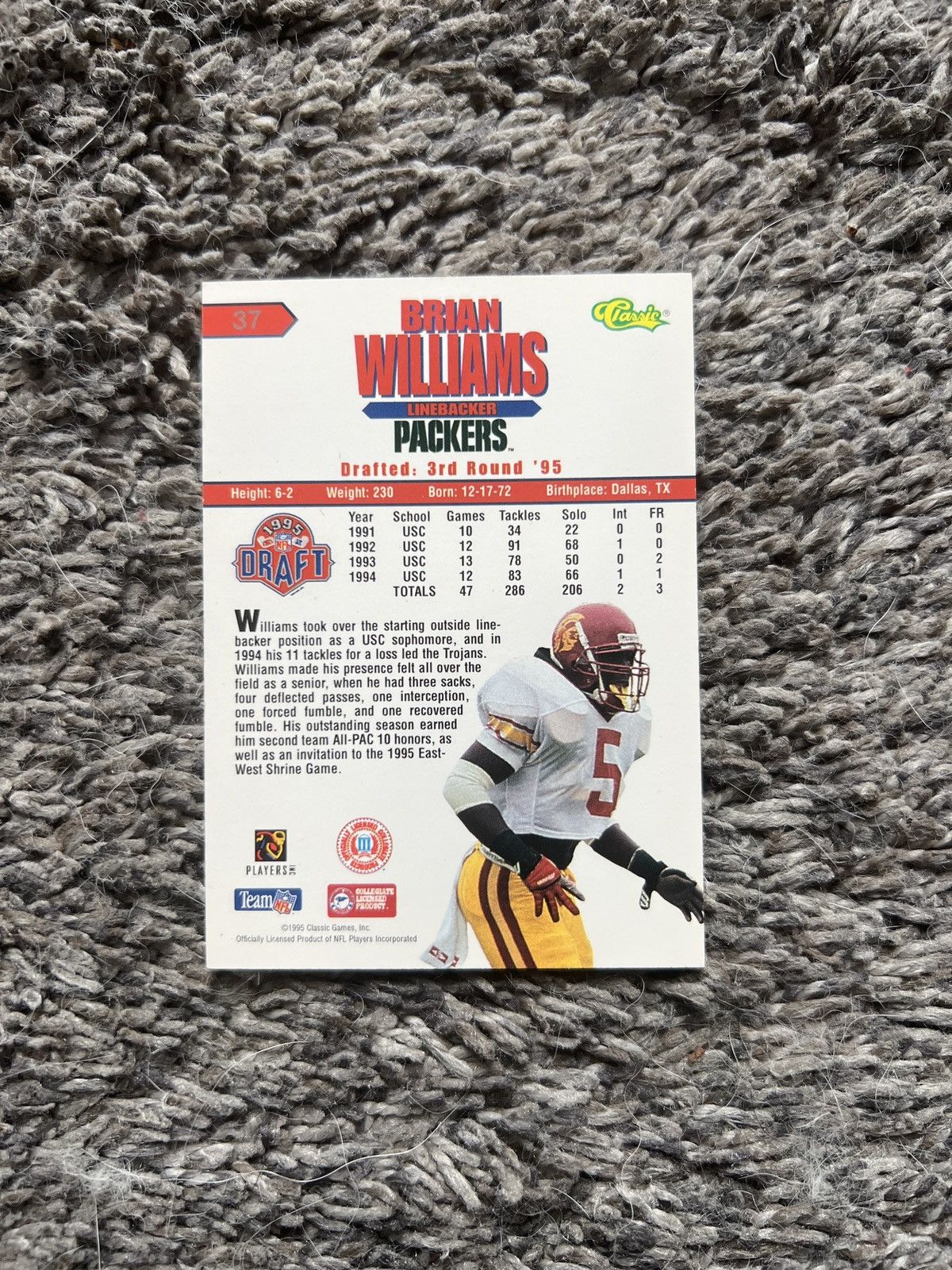 NFL 1995 Classic #37 Brian Williams Card Size ONE SIZE - 2 Thumbnail