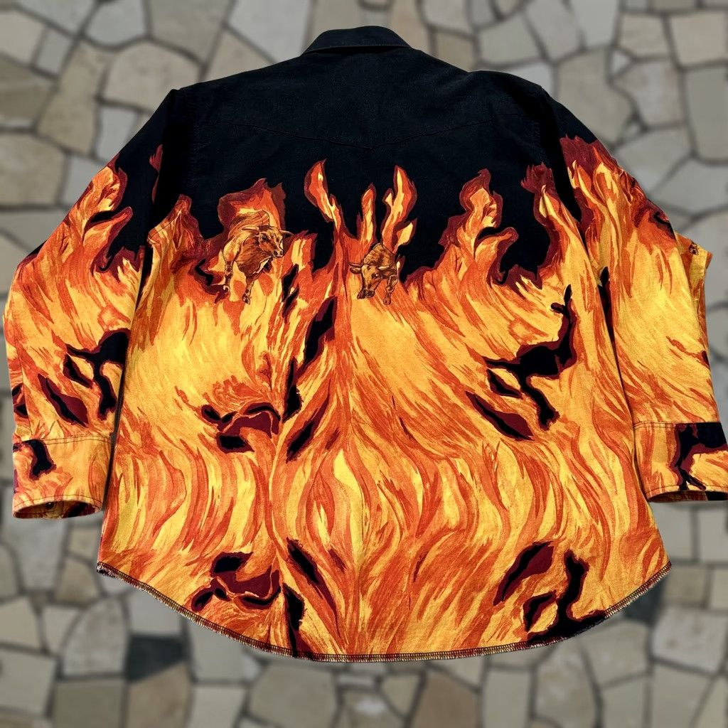 Wrangler VINTAGE Wrangler Shirt Mens 2XL Orange Flame Western Snap Long Sleeve Bull Graphic Shirt Size US XXL / EU 58 / 5 - 1 Thumbnail